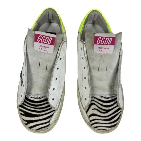 Golden Goose GGDB Hi Star Sneakers 37 7 Zebra Glitter Star Platform Distressed - Picture 6 of 14